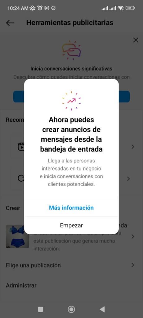 invitacion de instagram a colocar publicidad digital